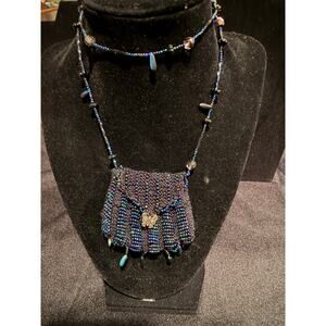Amulet Pouch Seed Bead 24” Necklace with a 925 marked butterfly w crystals